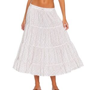 Creaman White Pink Floral Swiss Dot Tiered Maxi Skirt Small Boho Cottagecore